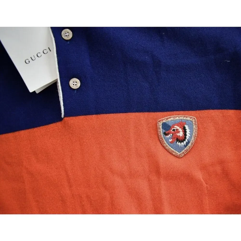 Gucci Blue/Orange Striped Wolf-Patch Oversized Wool Polo Sweater Size S $1200.00